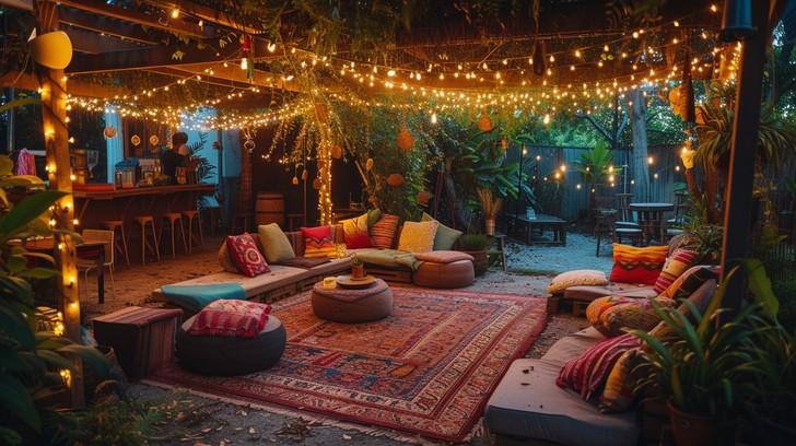 Ambient⁣ string lights enhancing your dreamy ‍Boho Backyard nights