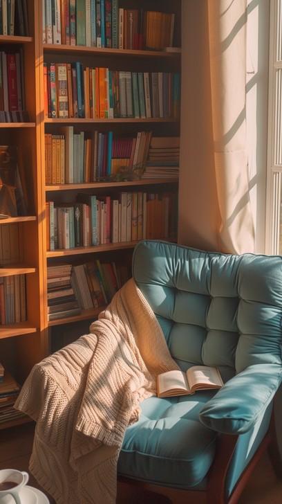 Create ⁢a cozy reading nook with blue​ accents and a chair