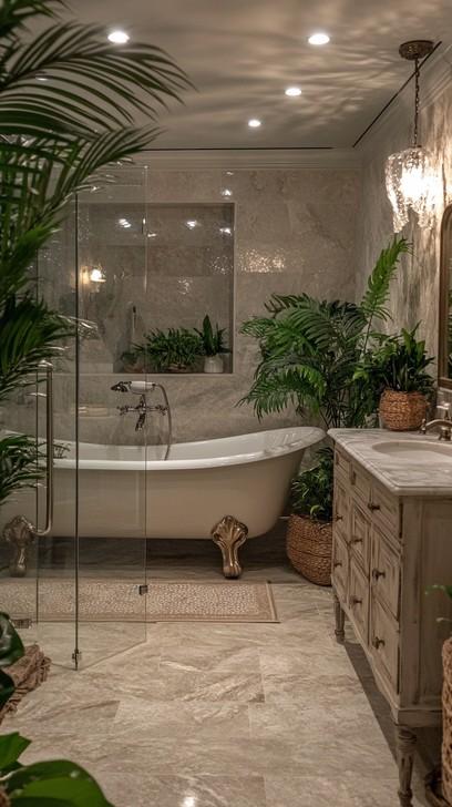 Create a spa-like experience with a freestanding wooden bathroom soaking tub surrounded by plants