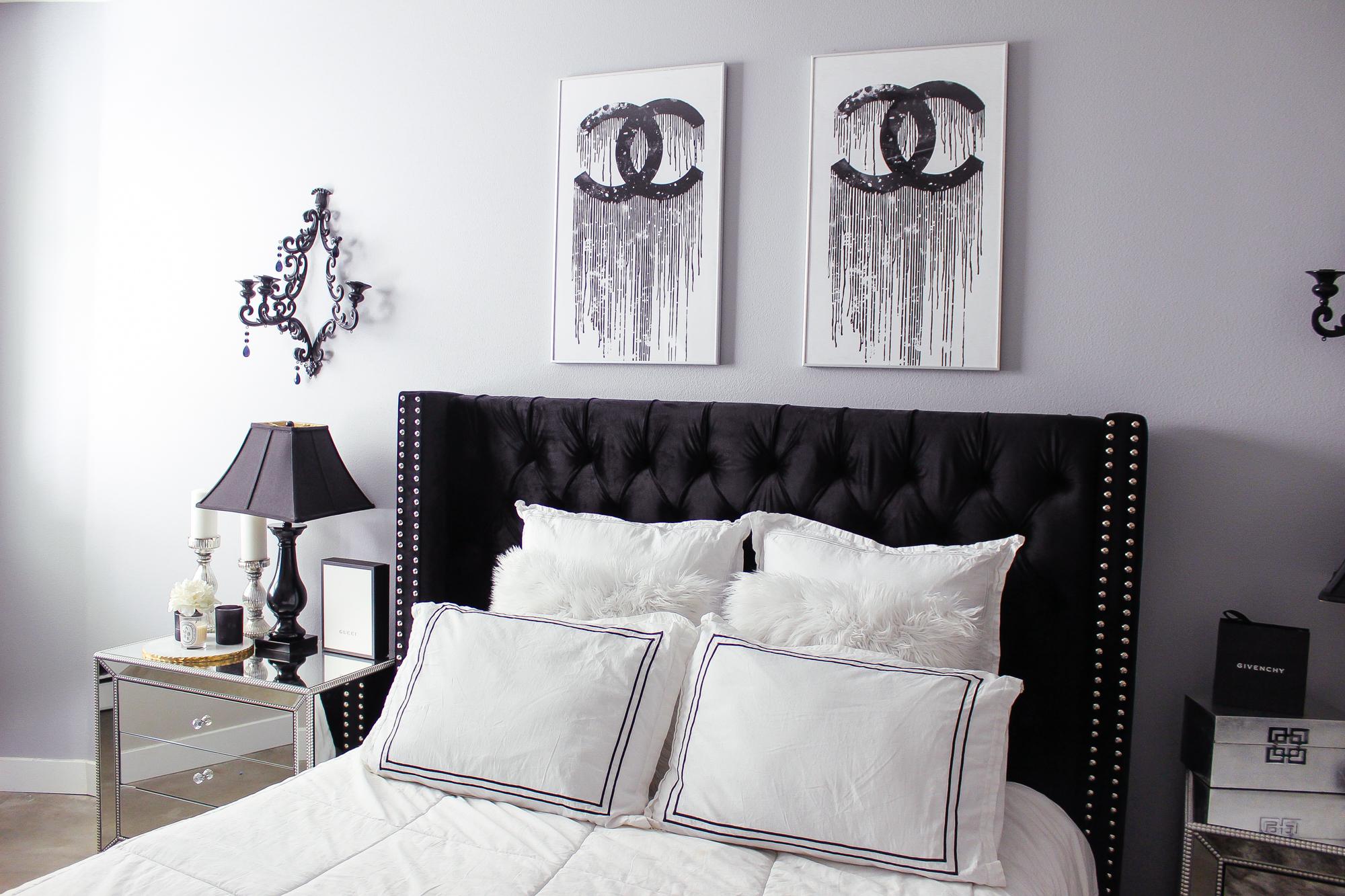 Monochrome Glam Bedroom using black and white for sophistication