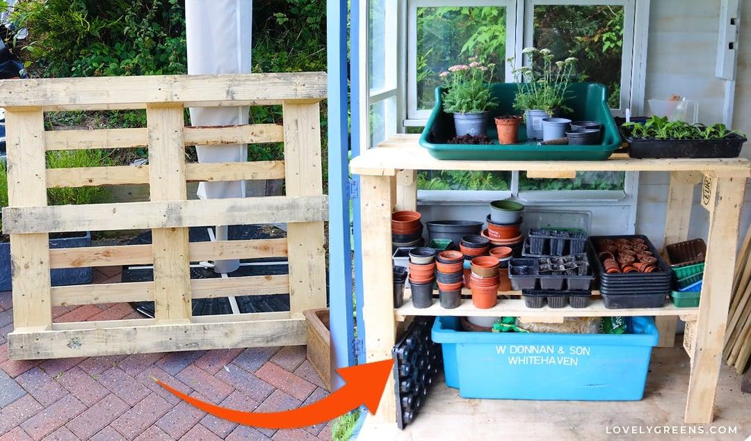 Upcycle old pallets into a rustic garden bench with plant accents