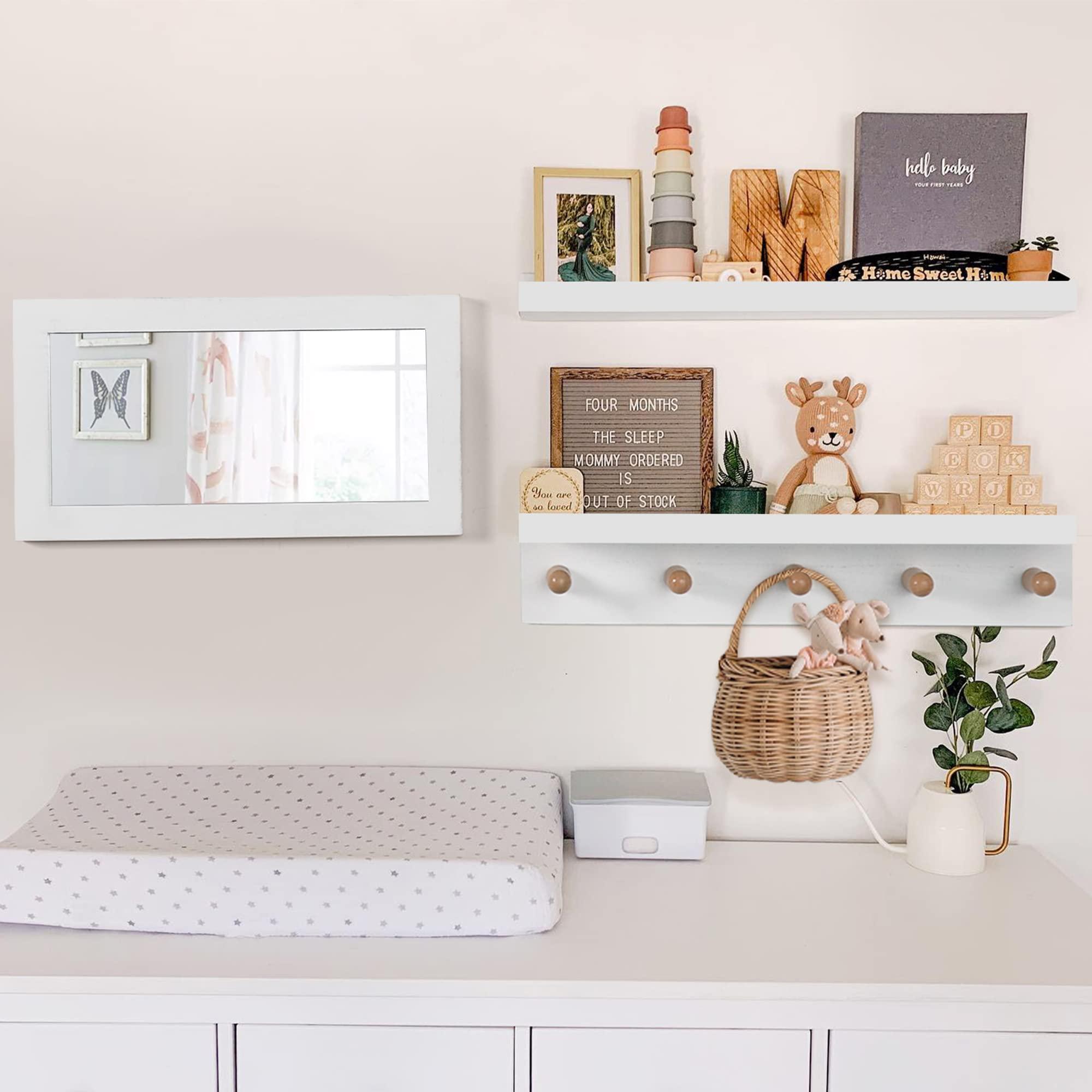 Install wall-mounted shelves to save floor space in your small nursery