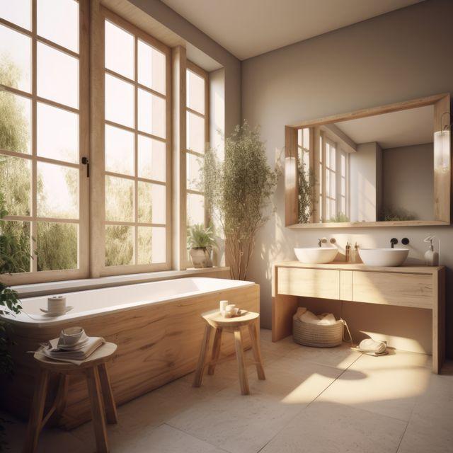 Embrace natural light with large windows ​in your wooden bathroom for an ​airy feel