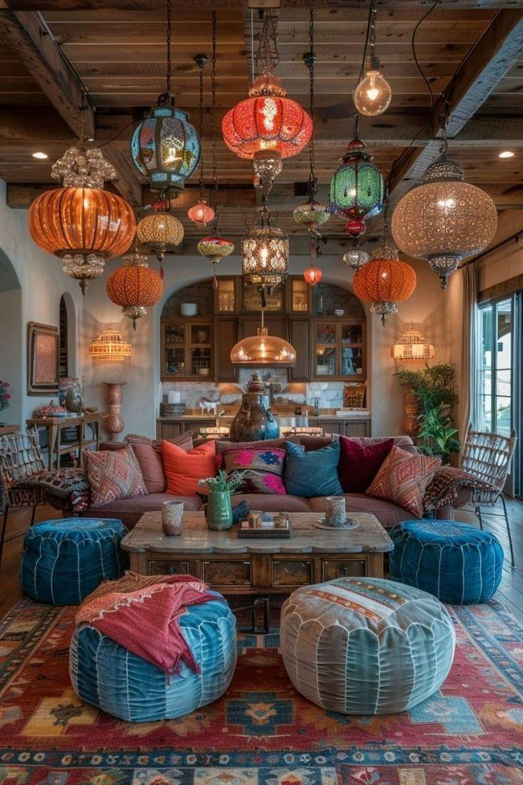 Layer lighting with fairy lights and ⁢lanterns for a magical Boho Living Room feel