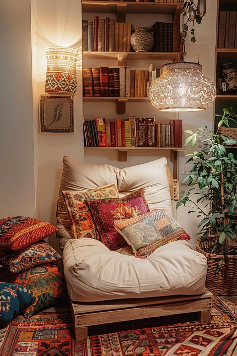 Create cozy⁢ reading​ nooks with a comfy chair and soft lighting in your Boho Living Room