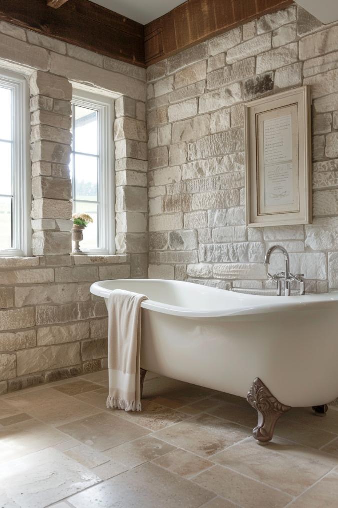 Embrace natural materials for a warm, rustic feel in your​ farmhouse bathroom