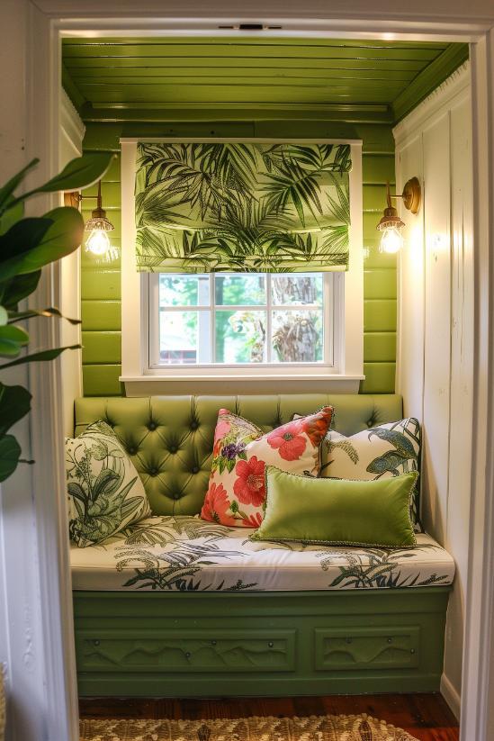 Create a cozy reading corner with a small shelf and a comfy chair in your wooden bathroom