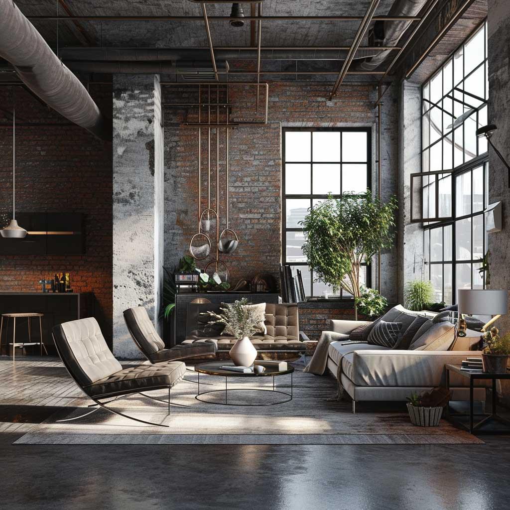 Industrial Living Room: Expose brick ⁢and metal for urban​ charm