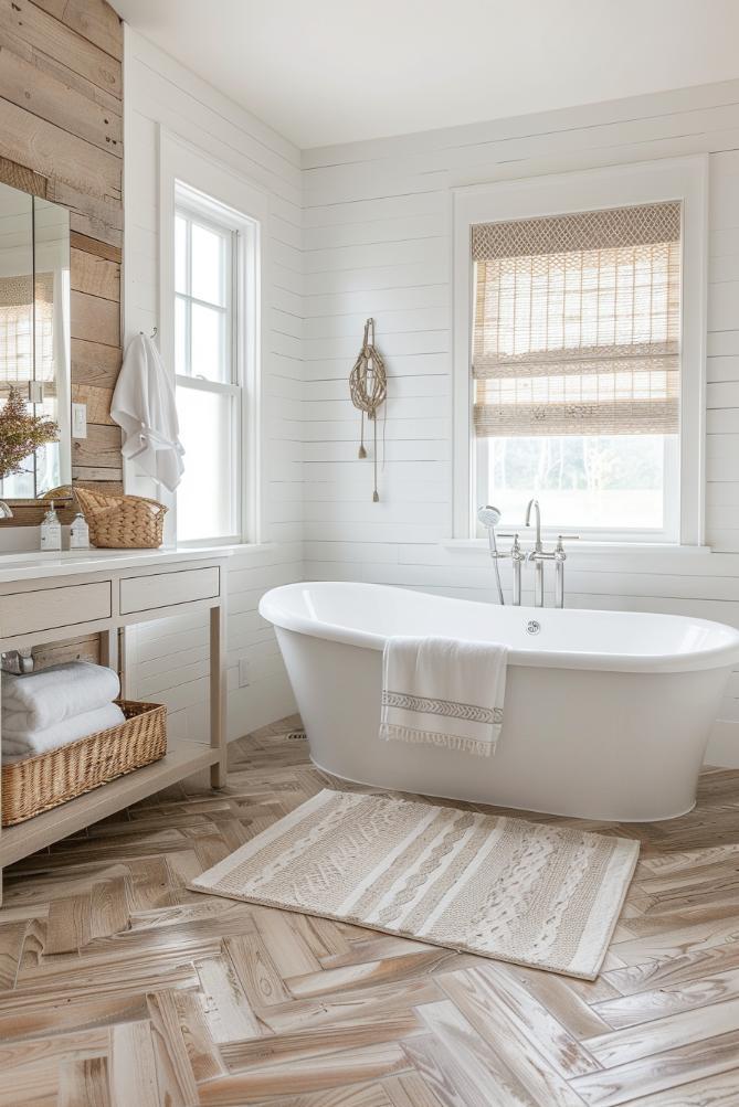 Unique ceramic tiles ‍create a striking focal point in a farmhouse bathroom