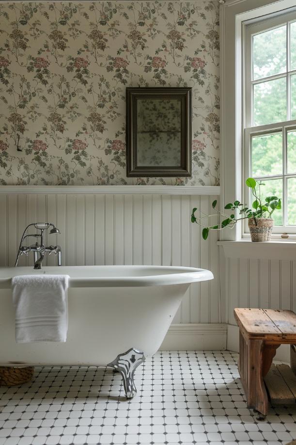 Use patterned tiles to add visual interest while staying true to your farmhouse bathroom theme