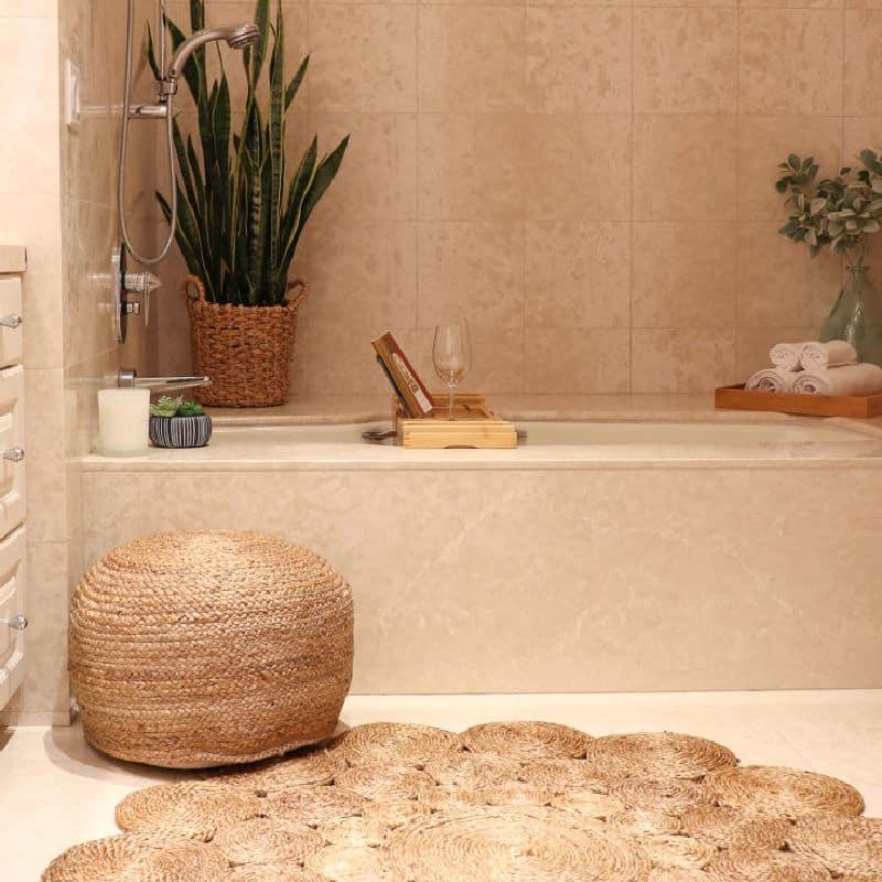 Combine textures like stone and wood in your boho bathroom