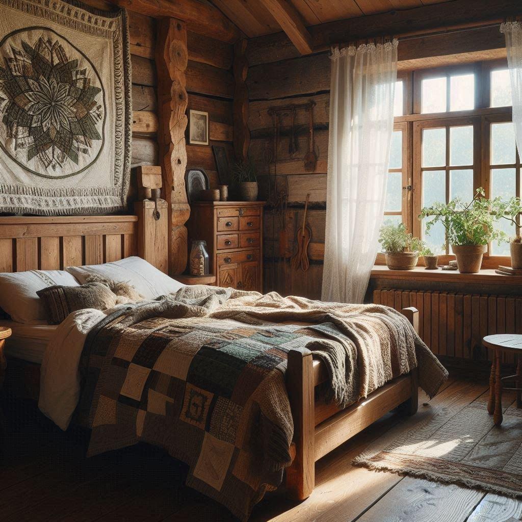 Rustic Bedroom: Natural wood and earthy colors evoke a warm atmosphere