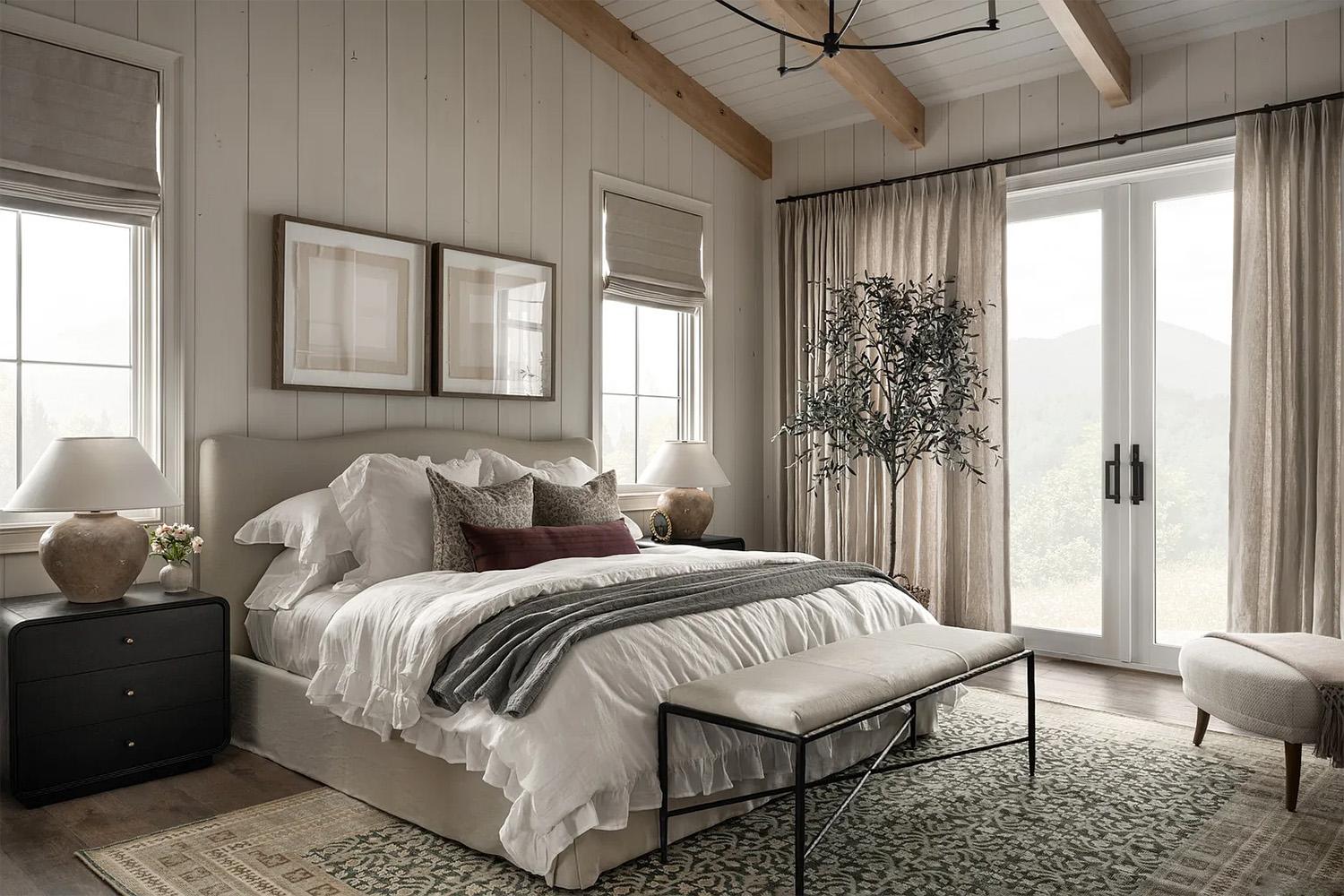 Modern Farmhouse Bedroom: Mix contemporary comfort with country charm