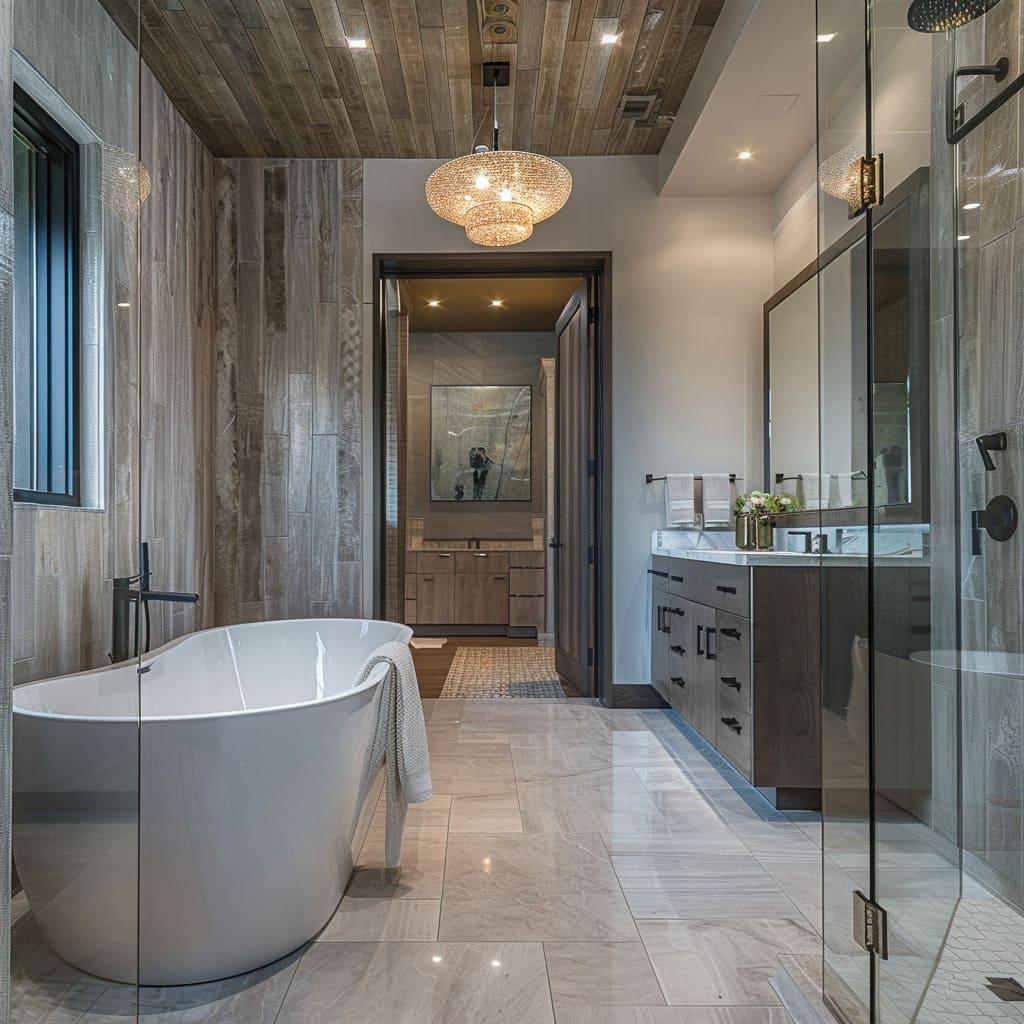 Combine rustic charm with luxury in a wooden bathroom featuring a freestanding tub