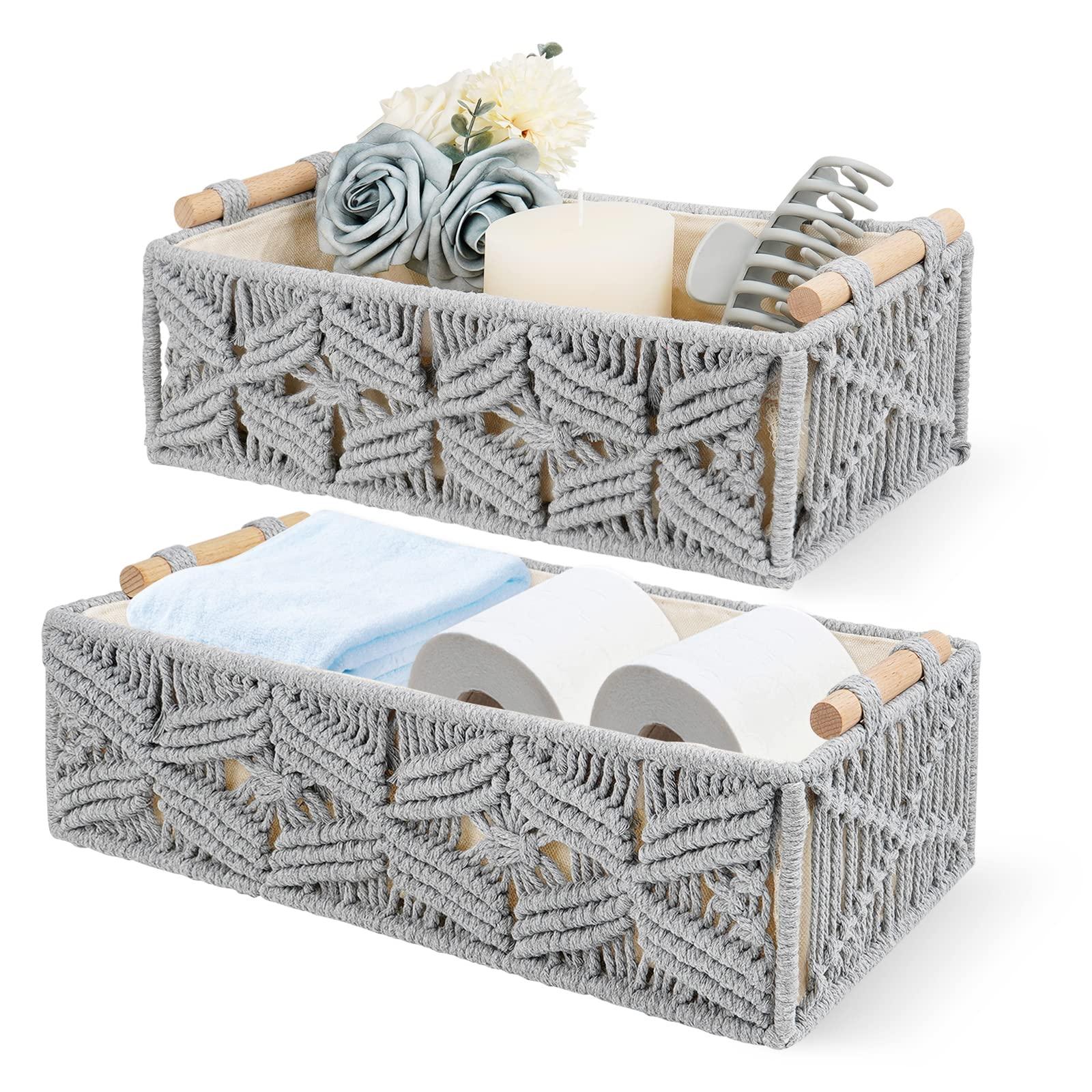 Hang woven baskets for stylish storage in your boho bathroom