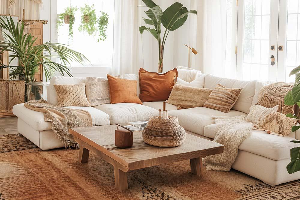 Use earthy tones and vibrant accents in your Boho Living Room decor