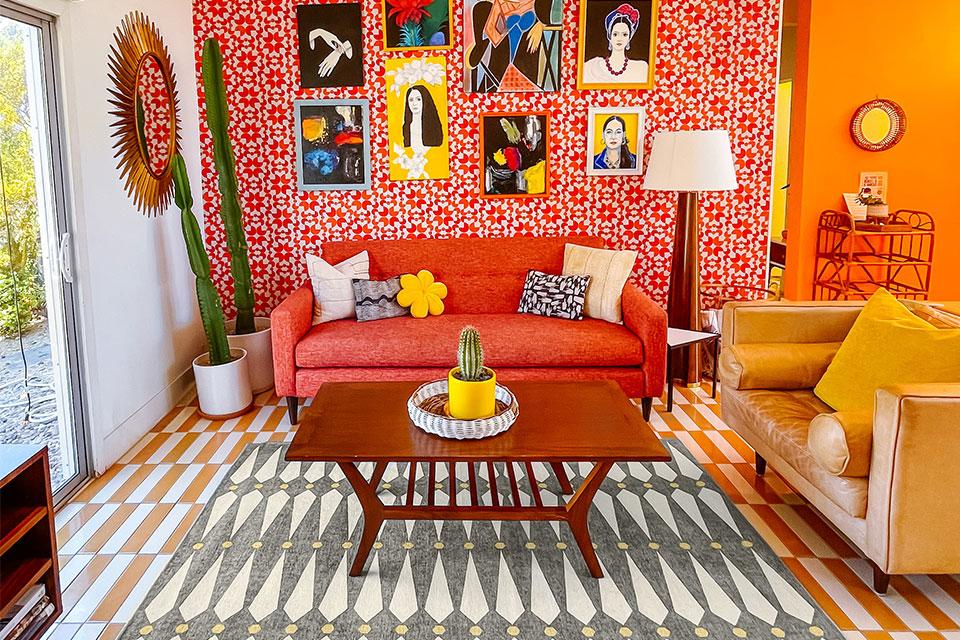 Incorporate playful patterns with throw pillows and rugs in your eclectic living room