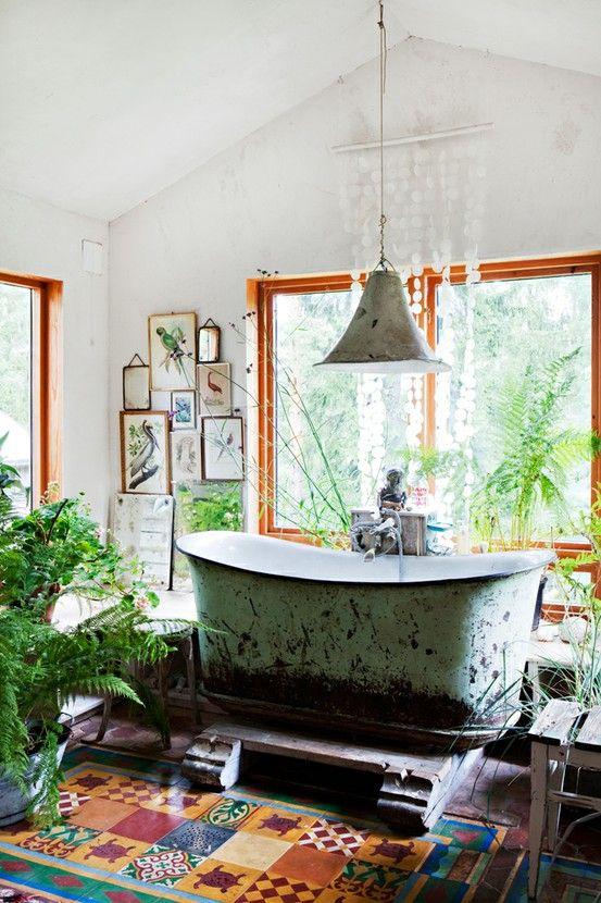 A vintage stool for practicality and aesthetics in your boho bathroom