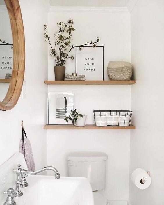 Utilize open shelving to display decorative items and add personality‍ to your wooden bathroom