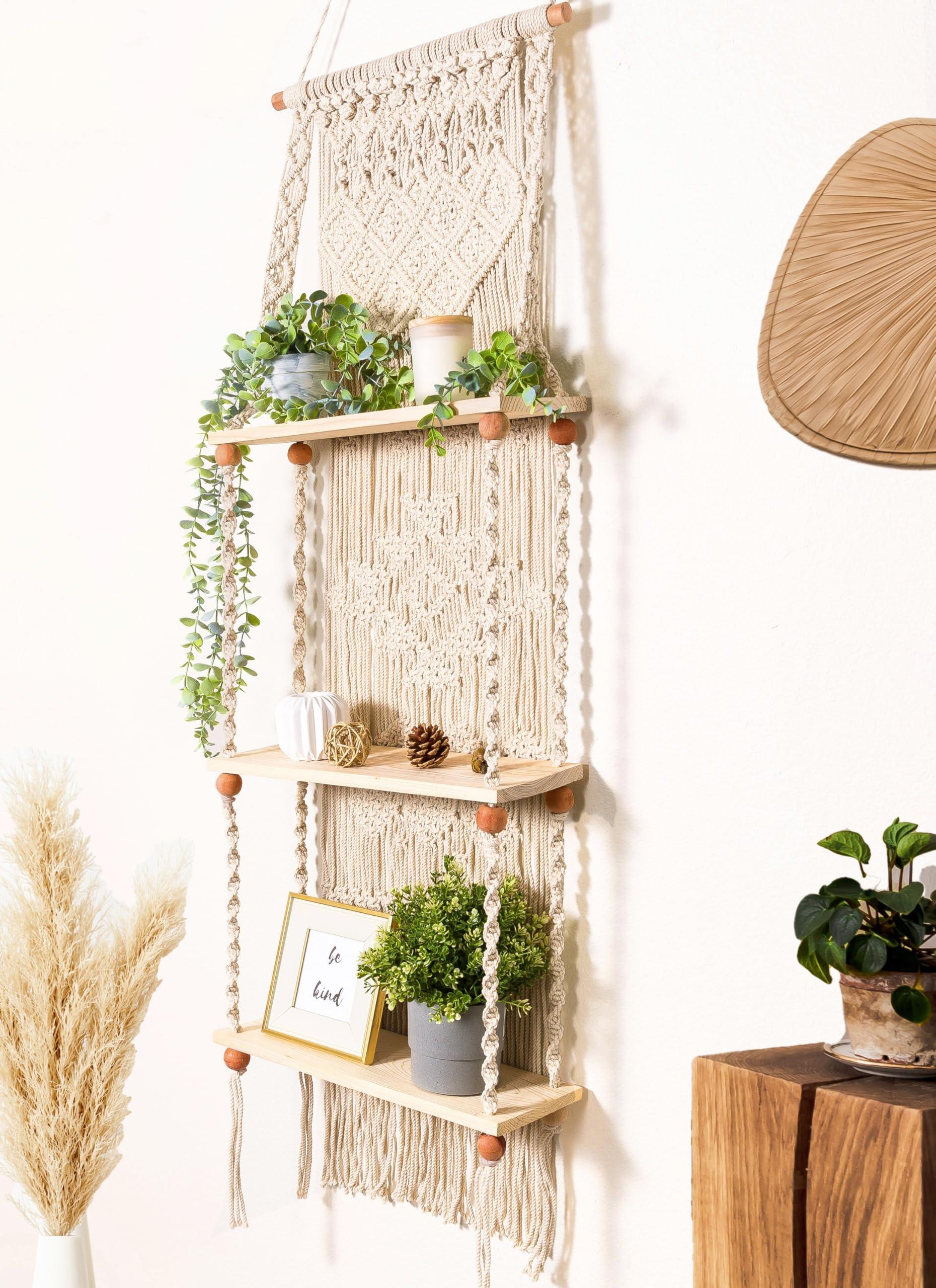 Macrame wall hangings for textured charm in a boho bathroom