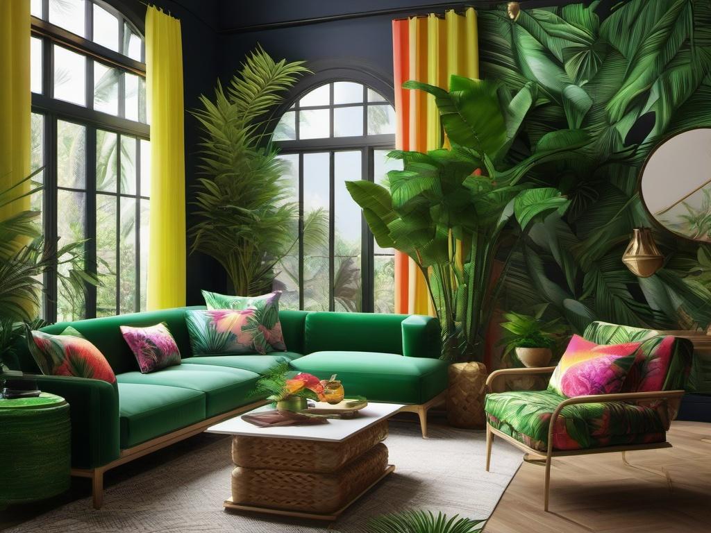 Tropical Paradise Living Room: Lush⁣ greens ​and floral patterns ​invite‌ nature⁢ indoors