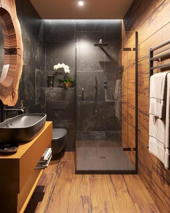 Consider wooden tiles for a cohesive and stylish finish in your wooden bathroom