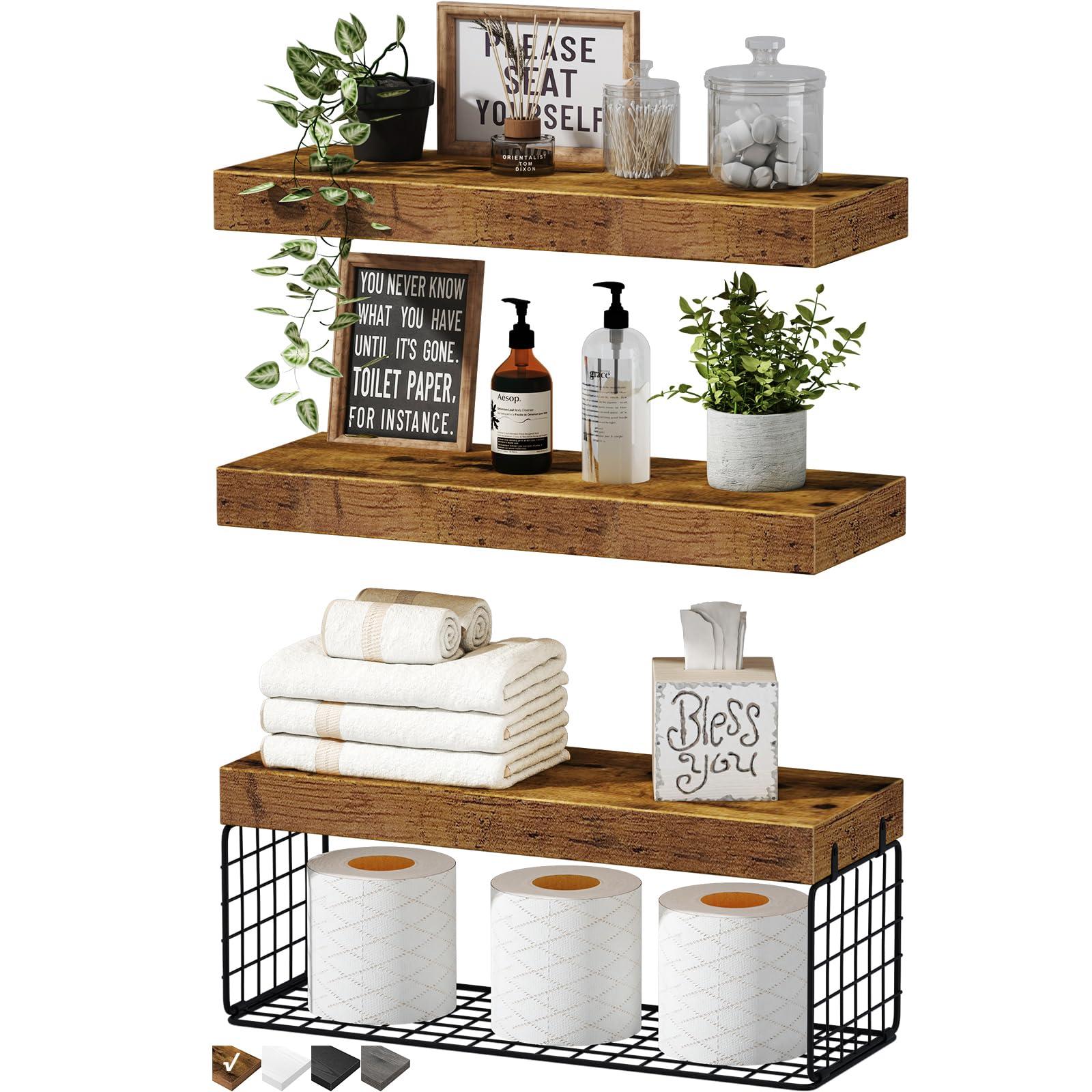 Blend rustic wooden shelves with sleek glass accessories for a unique eclectic bathroom look