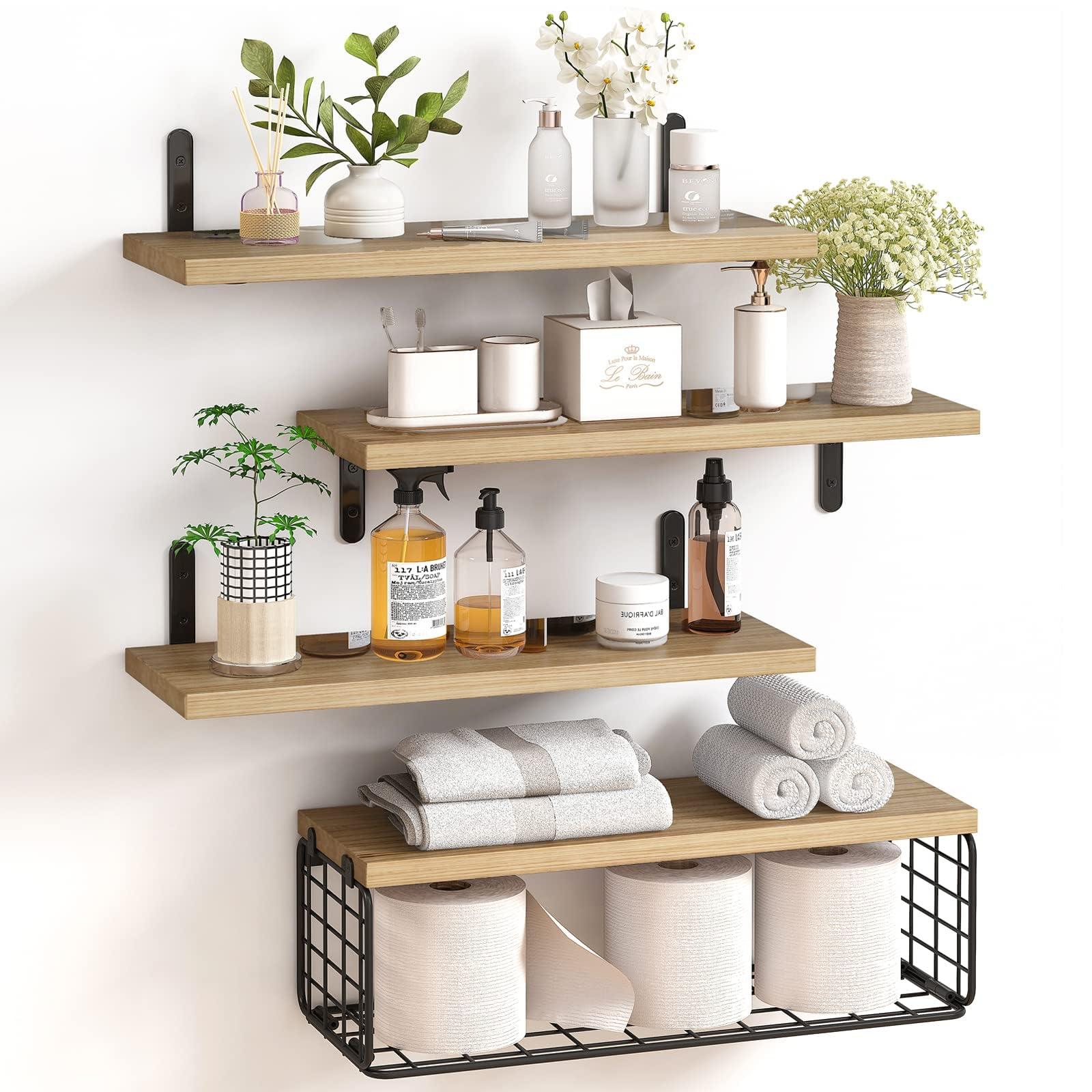 Achieve a contemporary look with floating wooden bathroom shelves for added storage