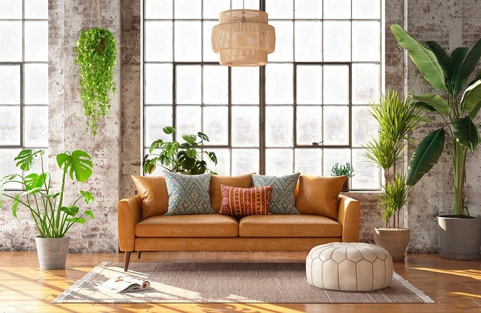 Urban Jungle Living Room: Lush greenery transforms space into a tranquil oasis