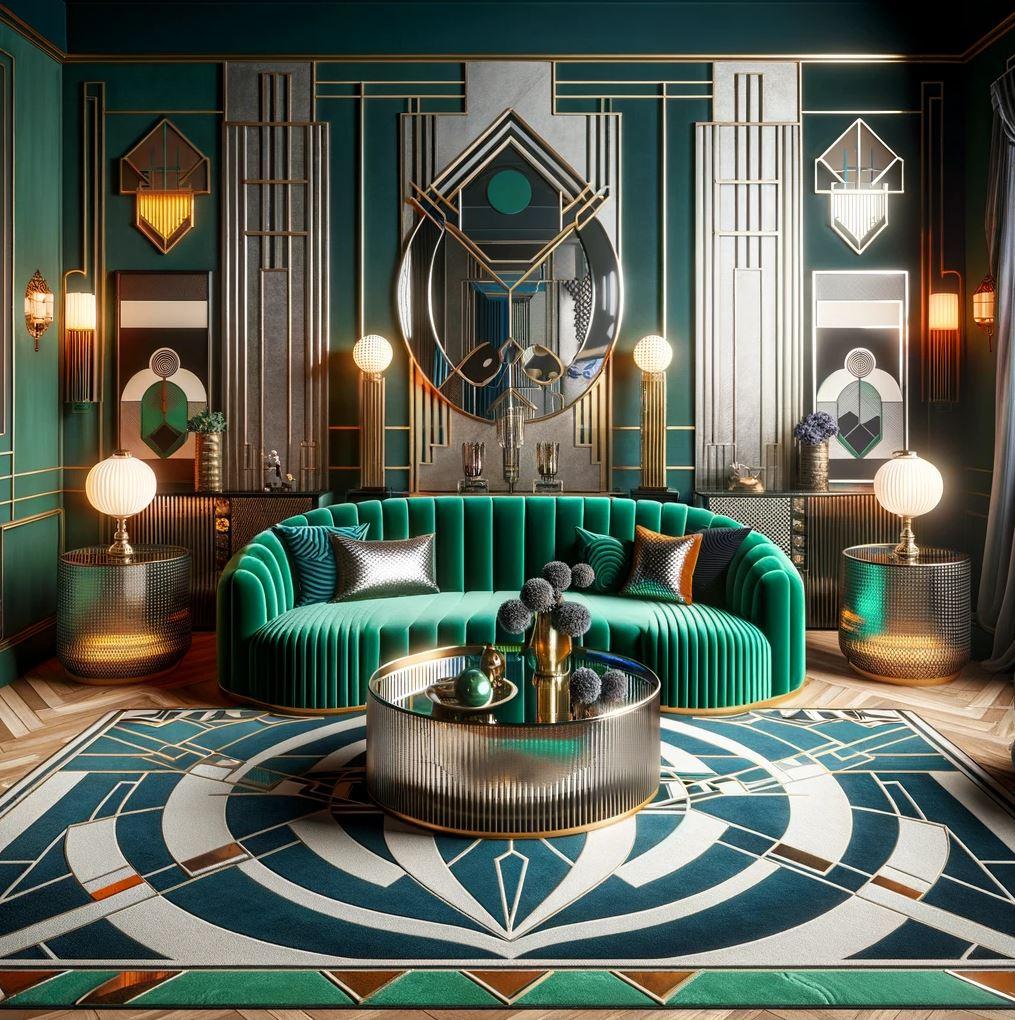 Art Deco‍ Living Room: Showcase luxurious fabrics and geometric elegance for‍ glamour