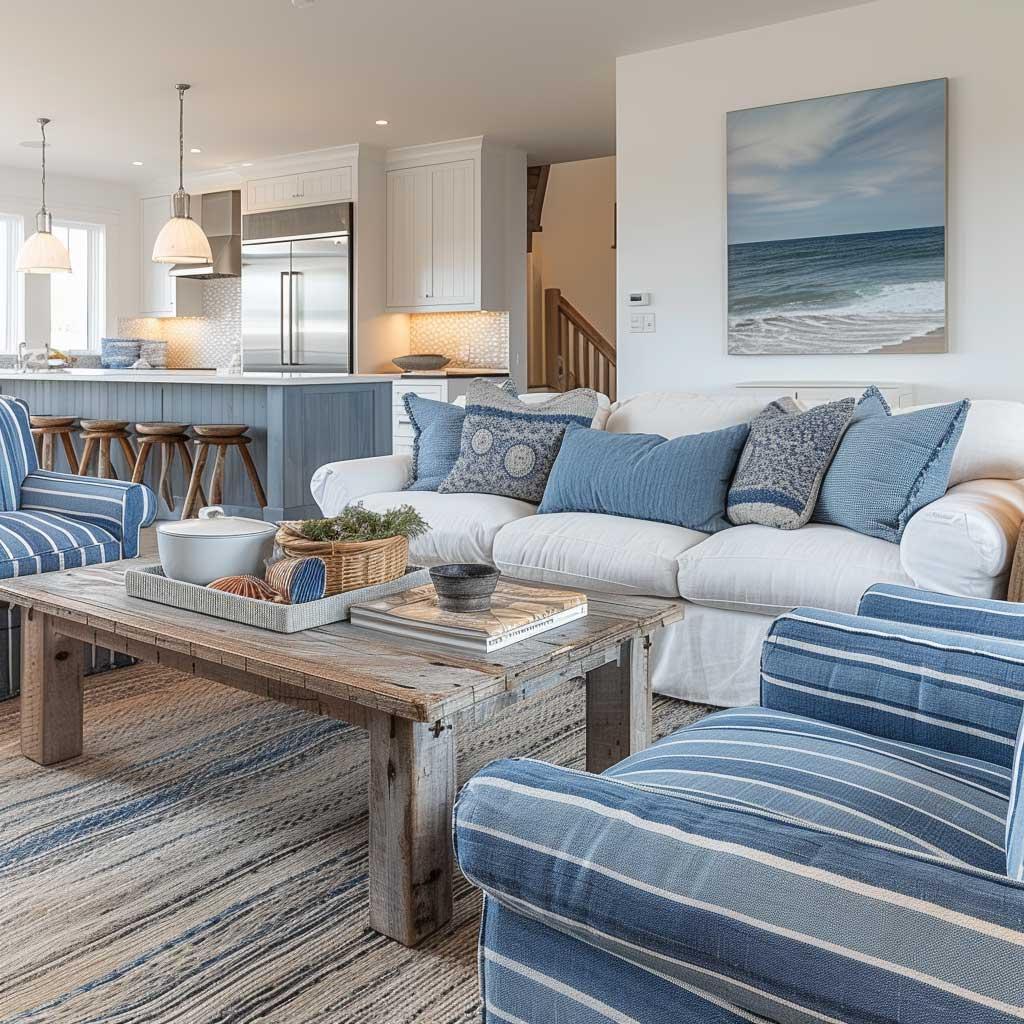 Opt for a coastal theme ‌with navy and sky blues in the living room