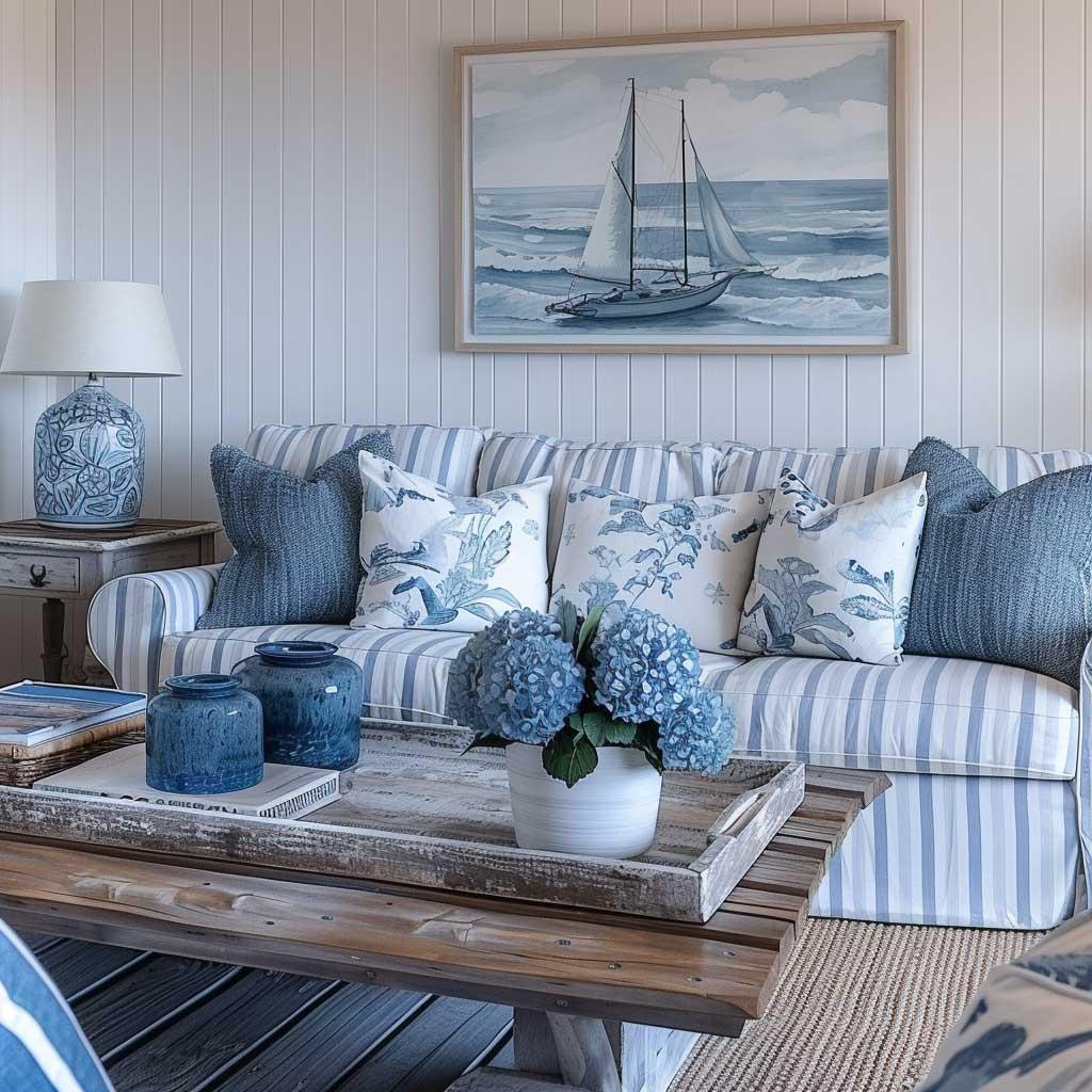 Showcase a coastal⁤ theme ⁣with ocean-inspired ⁤blue ⁣living⁤ room decor