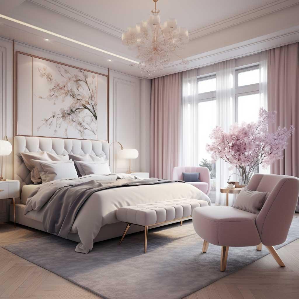 Feminine Touch: Soft pastels and delicate details define a stylish bedroom