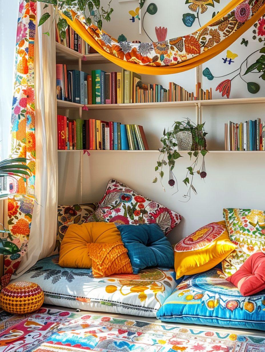 Create a cozy reading nook with floor cushions in your Boho Living Room