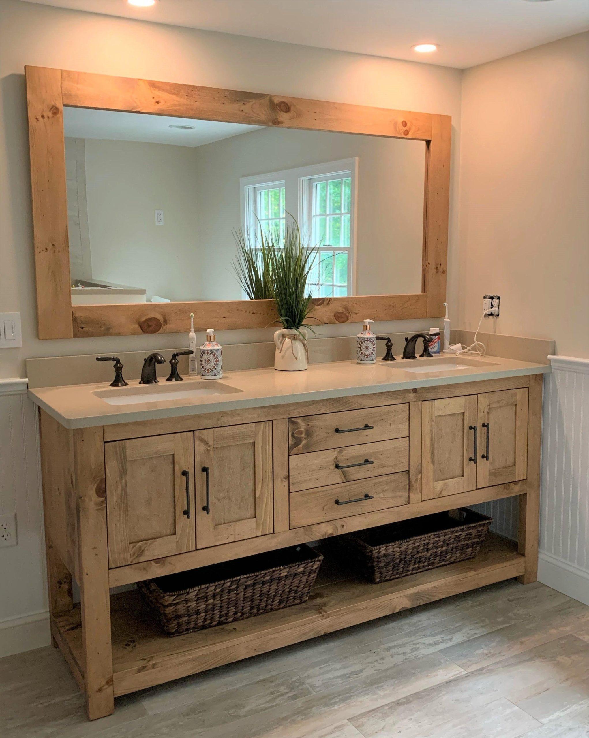 Choose double sinks in your wooden bathroom for stylish convenience and shared spaces