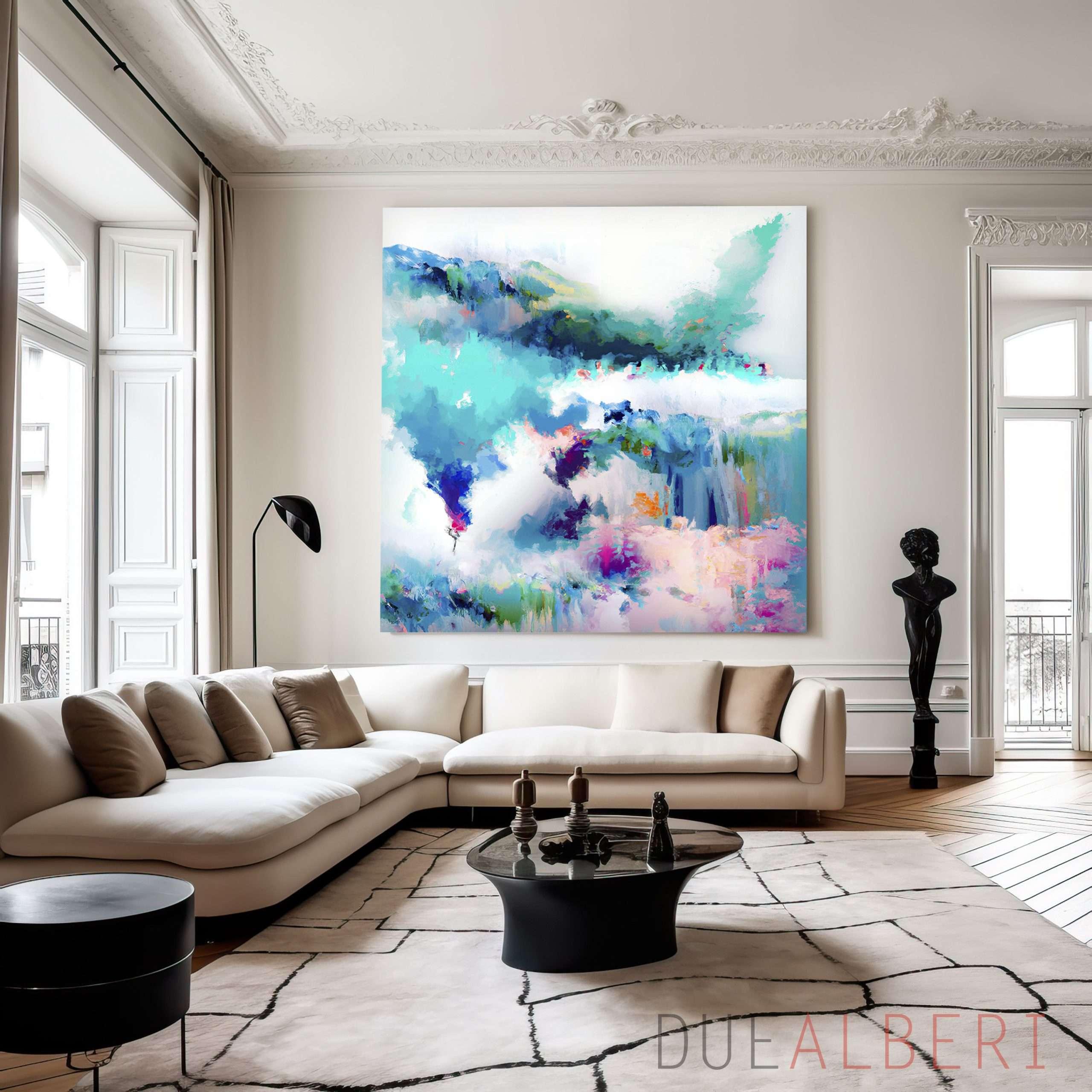 Opt for an oversized art piece to dominate your eclectic living room wall