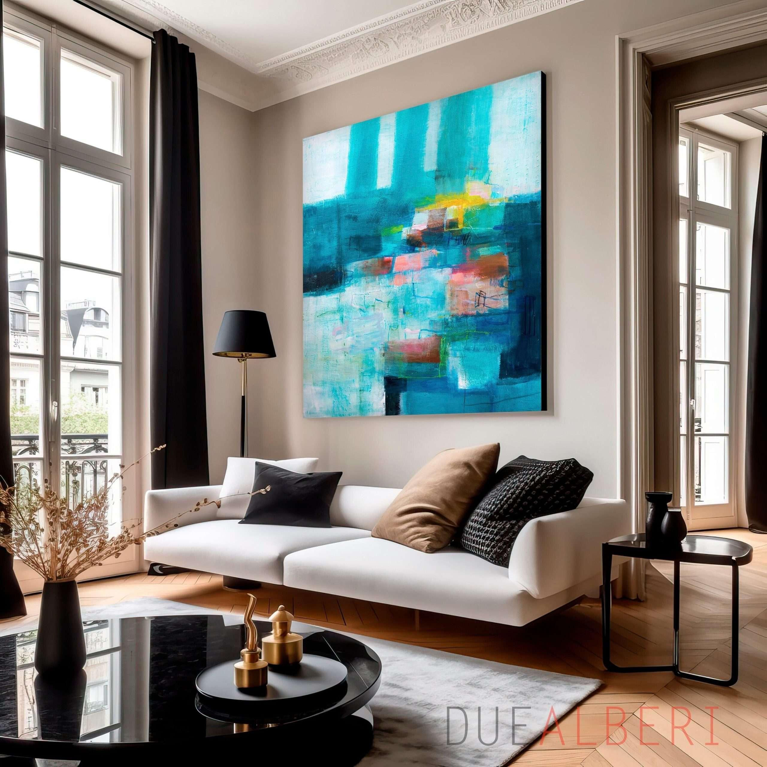 Use bright ‍artwork to liven​ up a blue living room