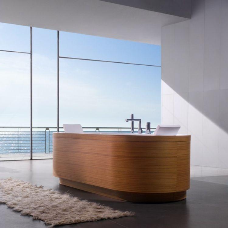 Add a freestanding wooden bathtub for a luxurious centerpiece in your wooden bathroom