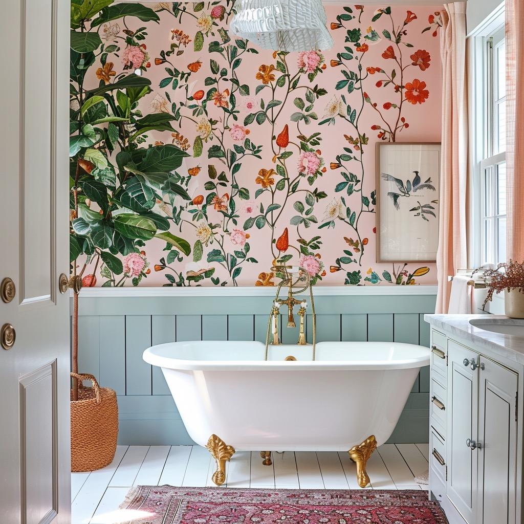 Combine bold wallpaper patterns with minimalist accents to enhance your eclectic bathroom vibe