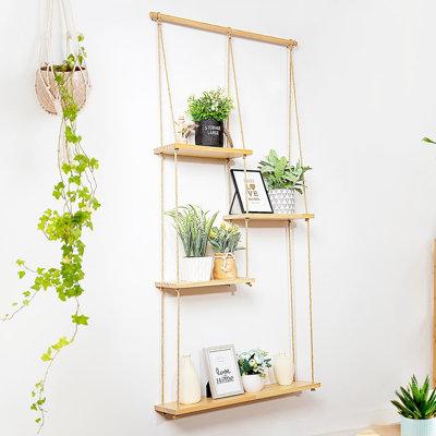 Vintage wooden shelves showcasing boho bathroom essentials elegantly