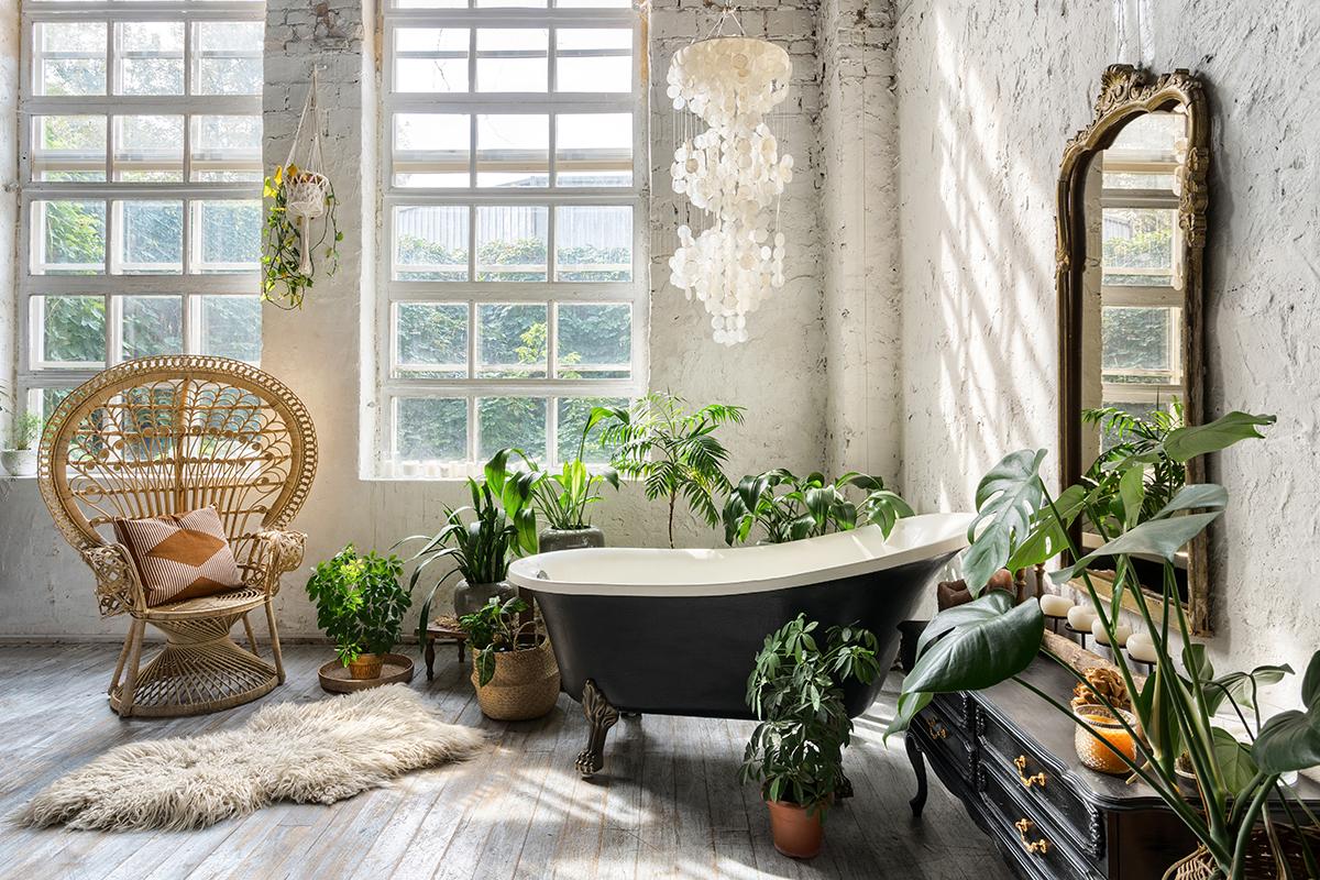 Mix and match patterns for an eclectic boho bathroom design