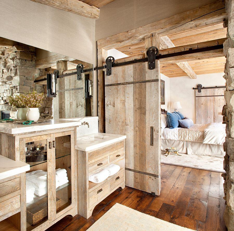 Opt for barn doors to save space and add rustic charm to your farmhouse bathroom