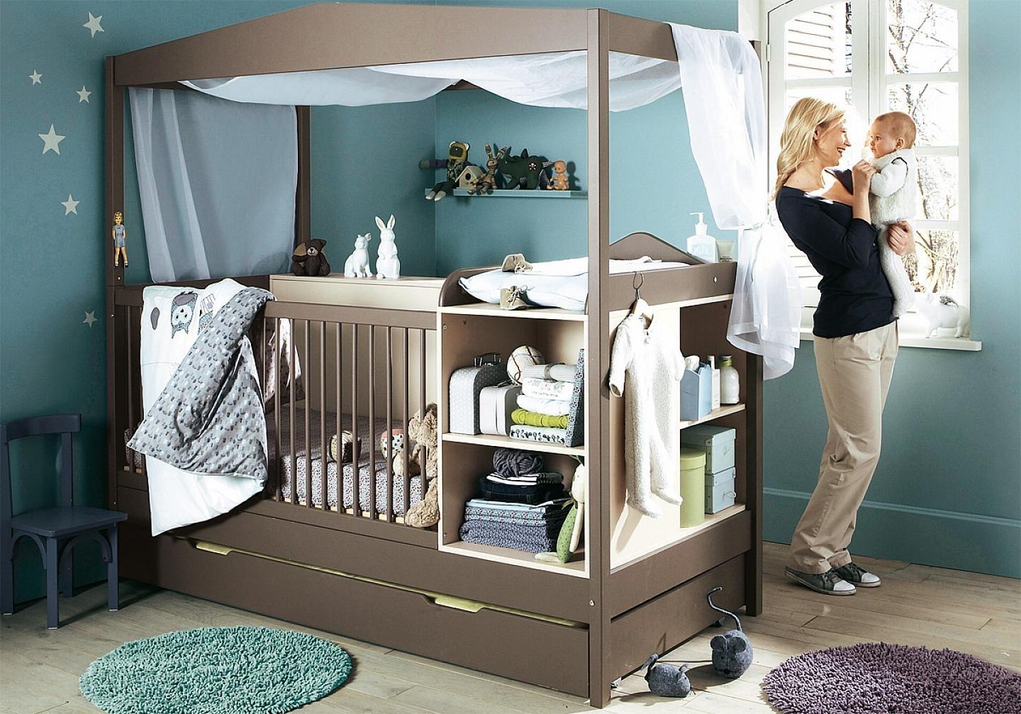 Opt for a crib with built-in storage in your small nursery