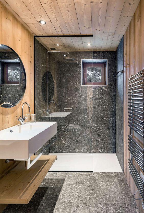 Natural stone countertops‌ elevate your stunning Chalet Bathroom