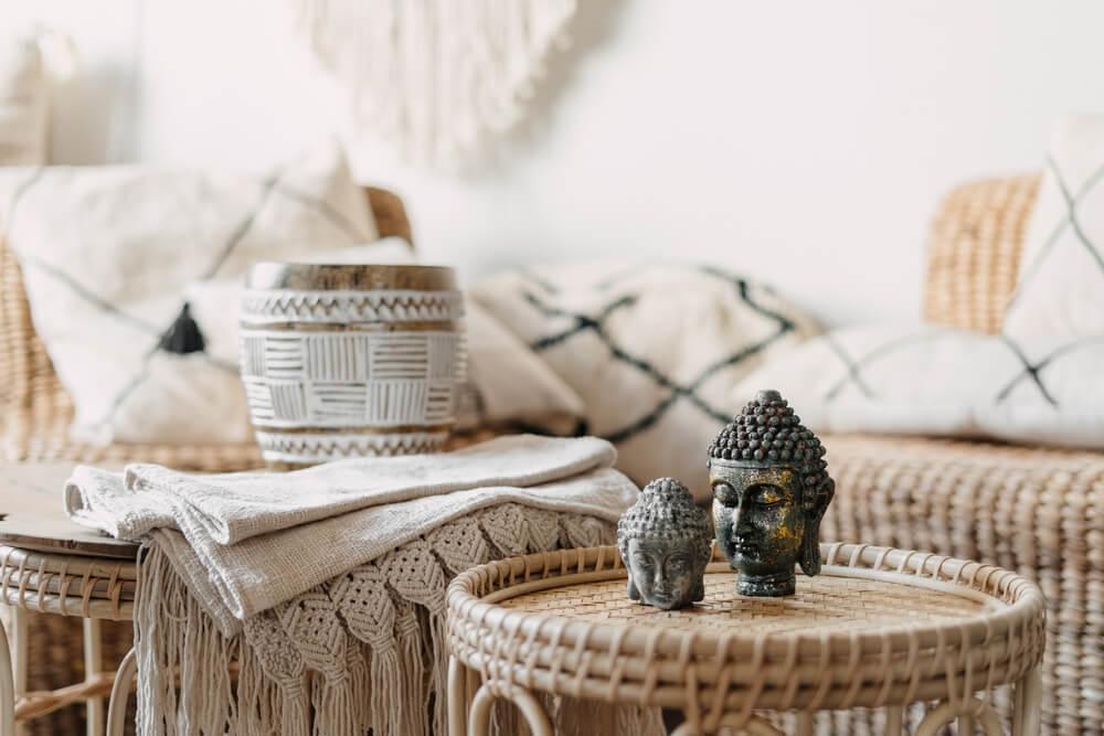 Finish with personal touches, like travel souvenirs, in your Boho Living Room