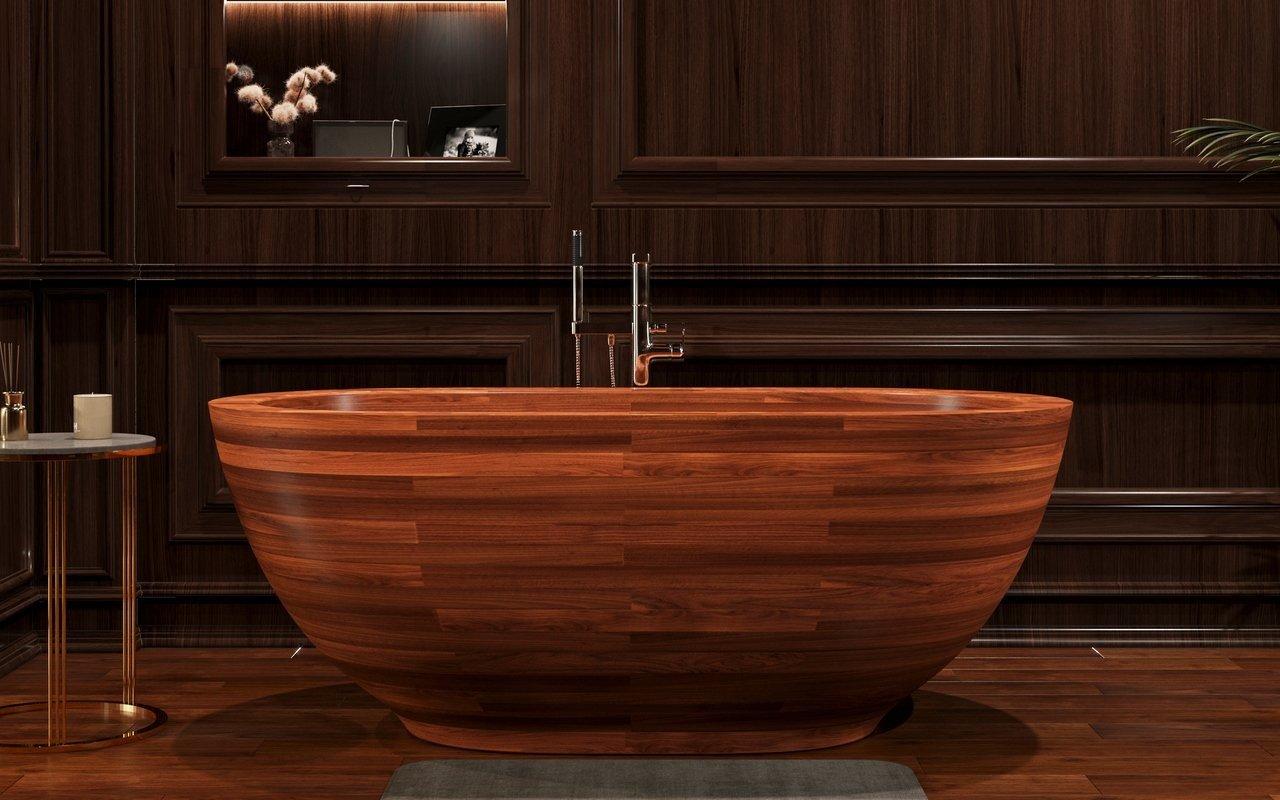 Elevate your bath experience with a freestanding wooden bathtub as a bold centerpiece