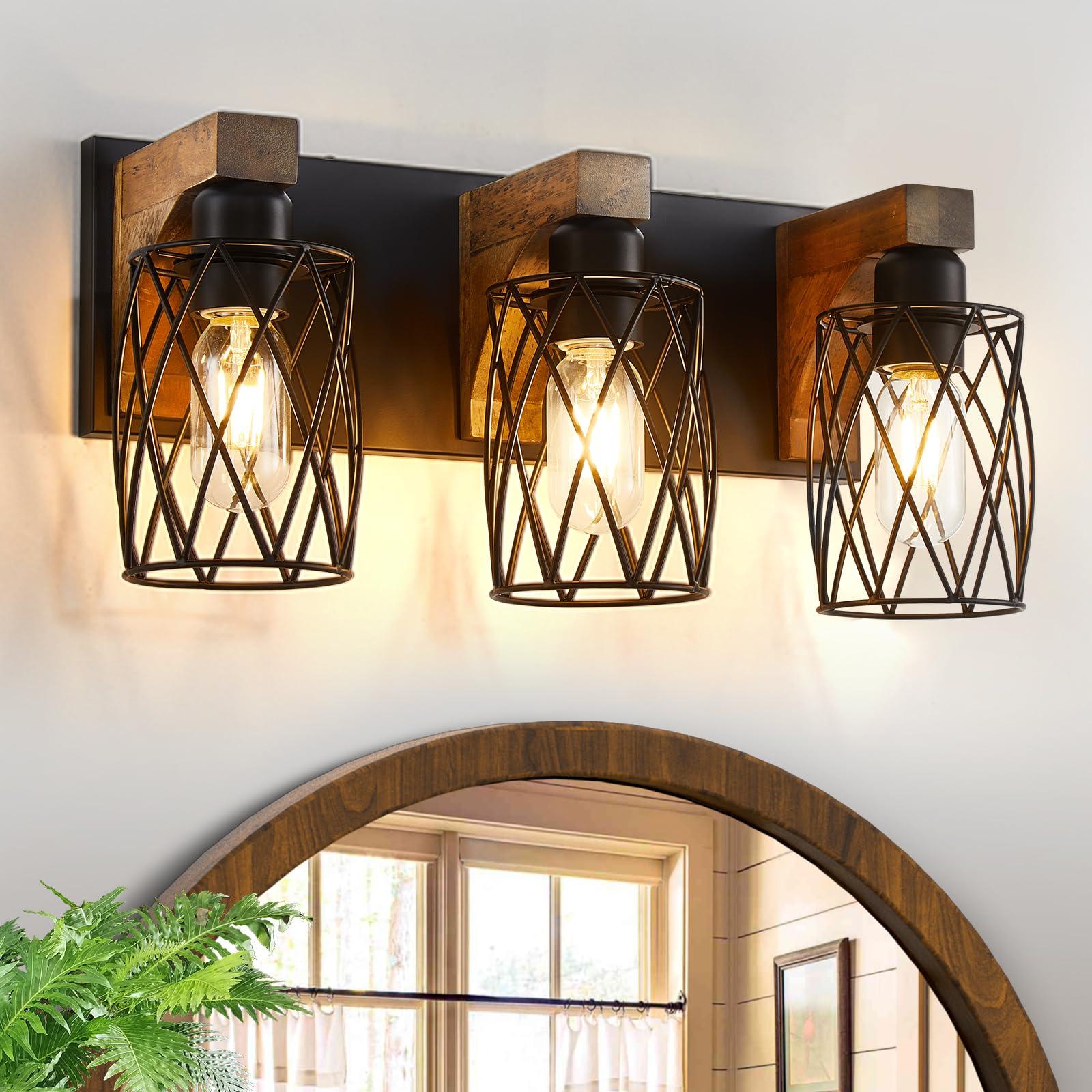 Choose wooden bathroom lighting fixtures for a warm glow