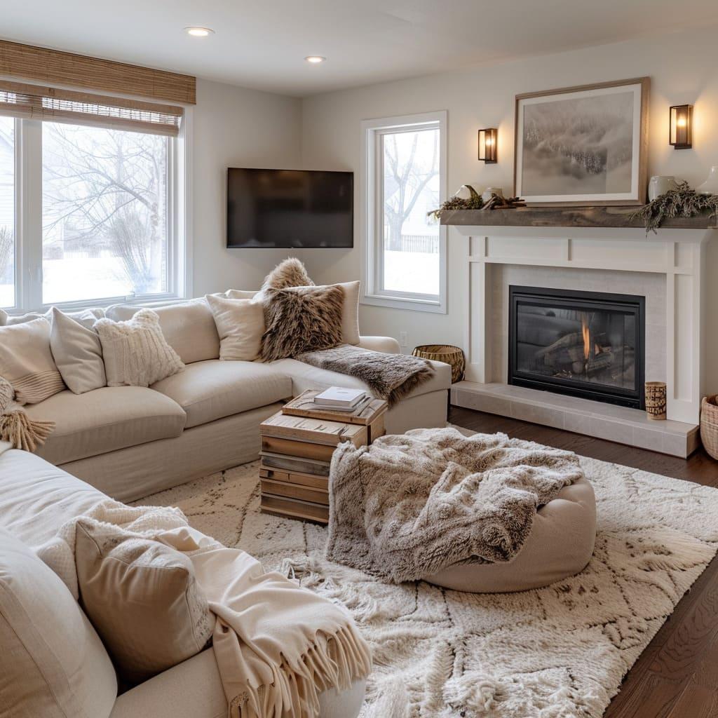 Incorporate natural textures with ​woven baskets to enhance your earthy living room aesthetic