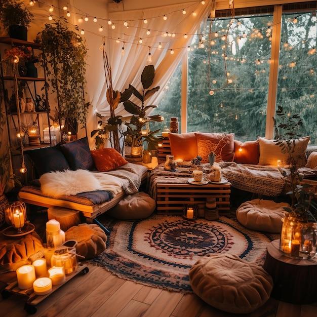 Hang fairy lights for a magical touch in your Boho Living ‍Room