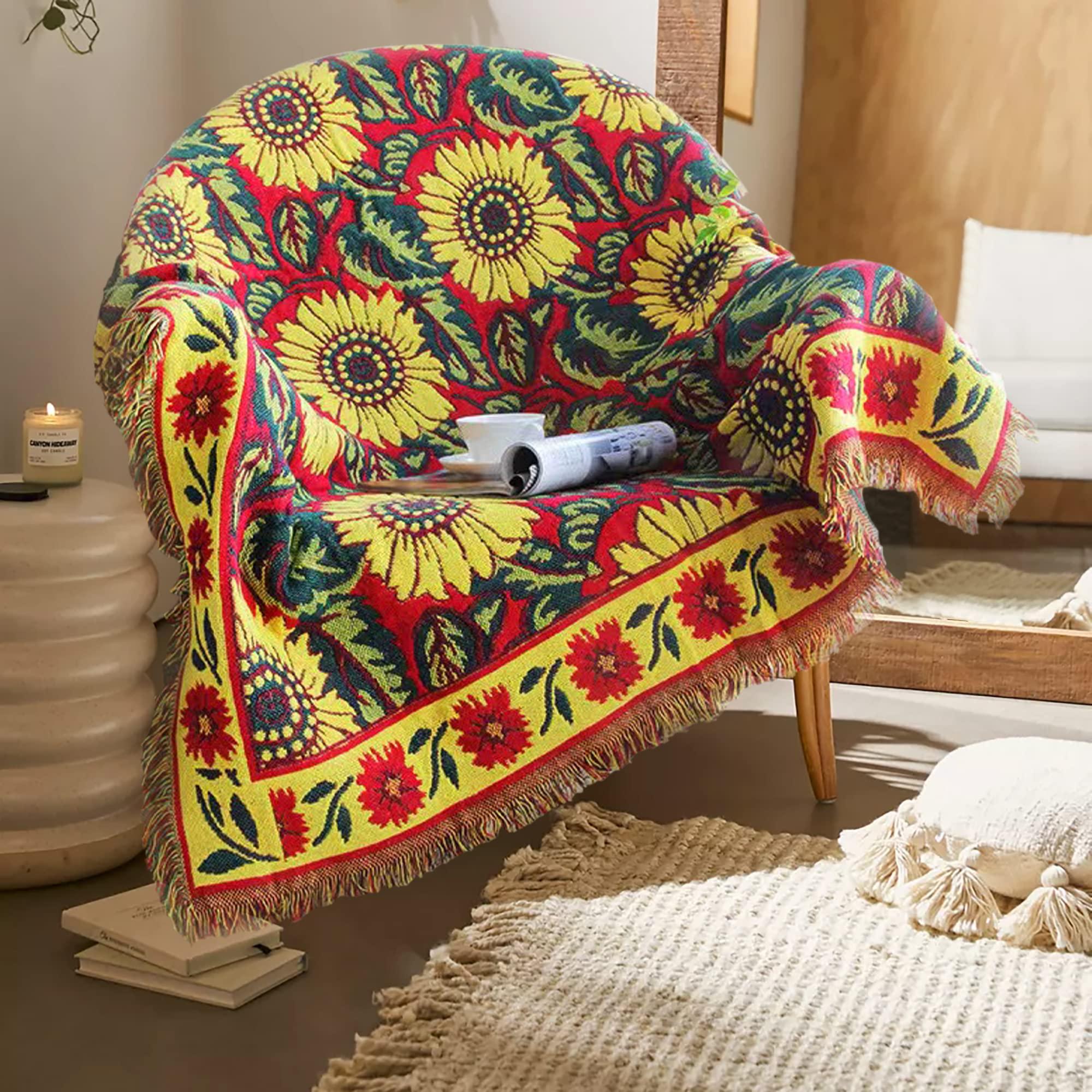 Experiment with colorful throw blankets to cozy up your Boho Living Room